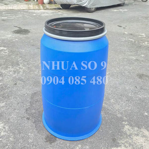 Phuy nhựa 220 lít đai sắt nắp đen mới 95%